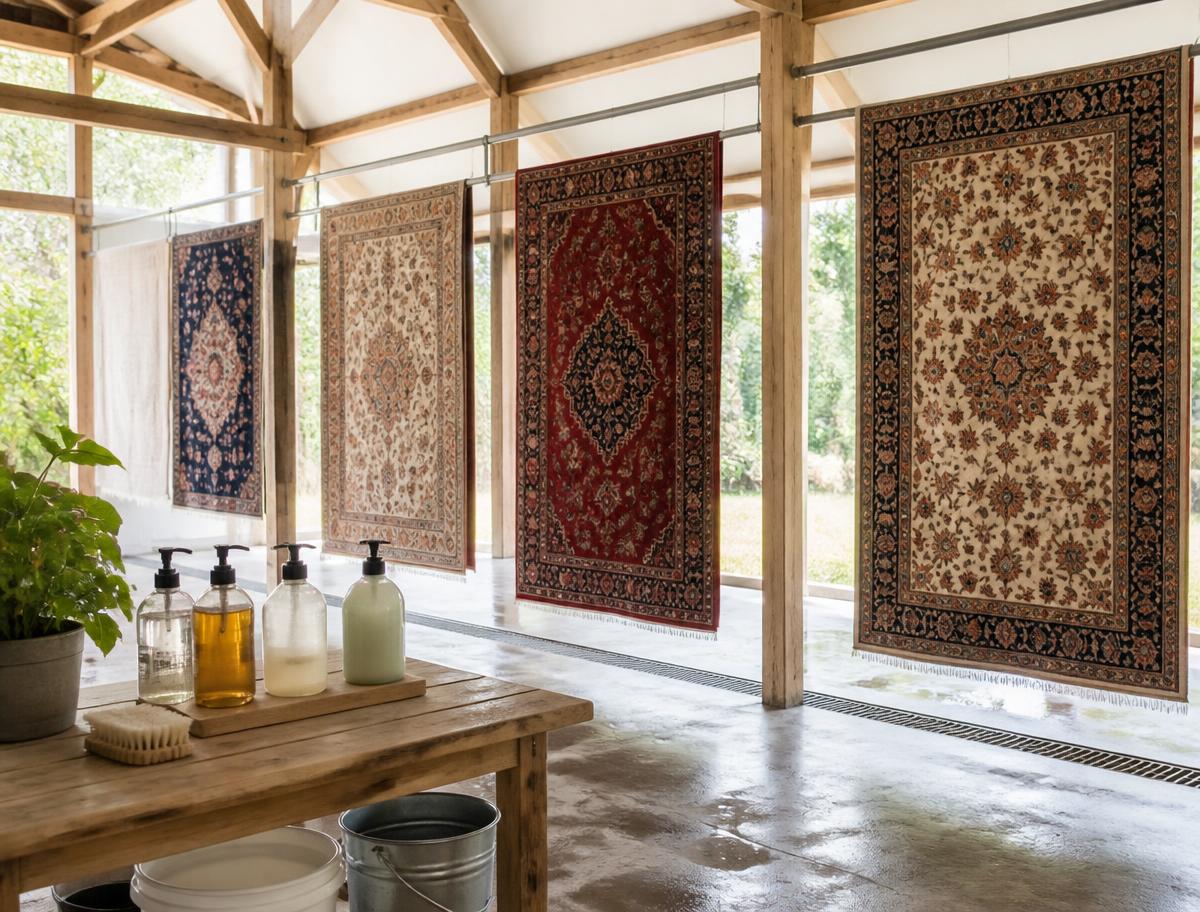Oriental rugs hanging flat to dry in a bright ventilated workshop beside bottles of plant-based soap