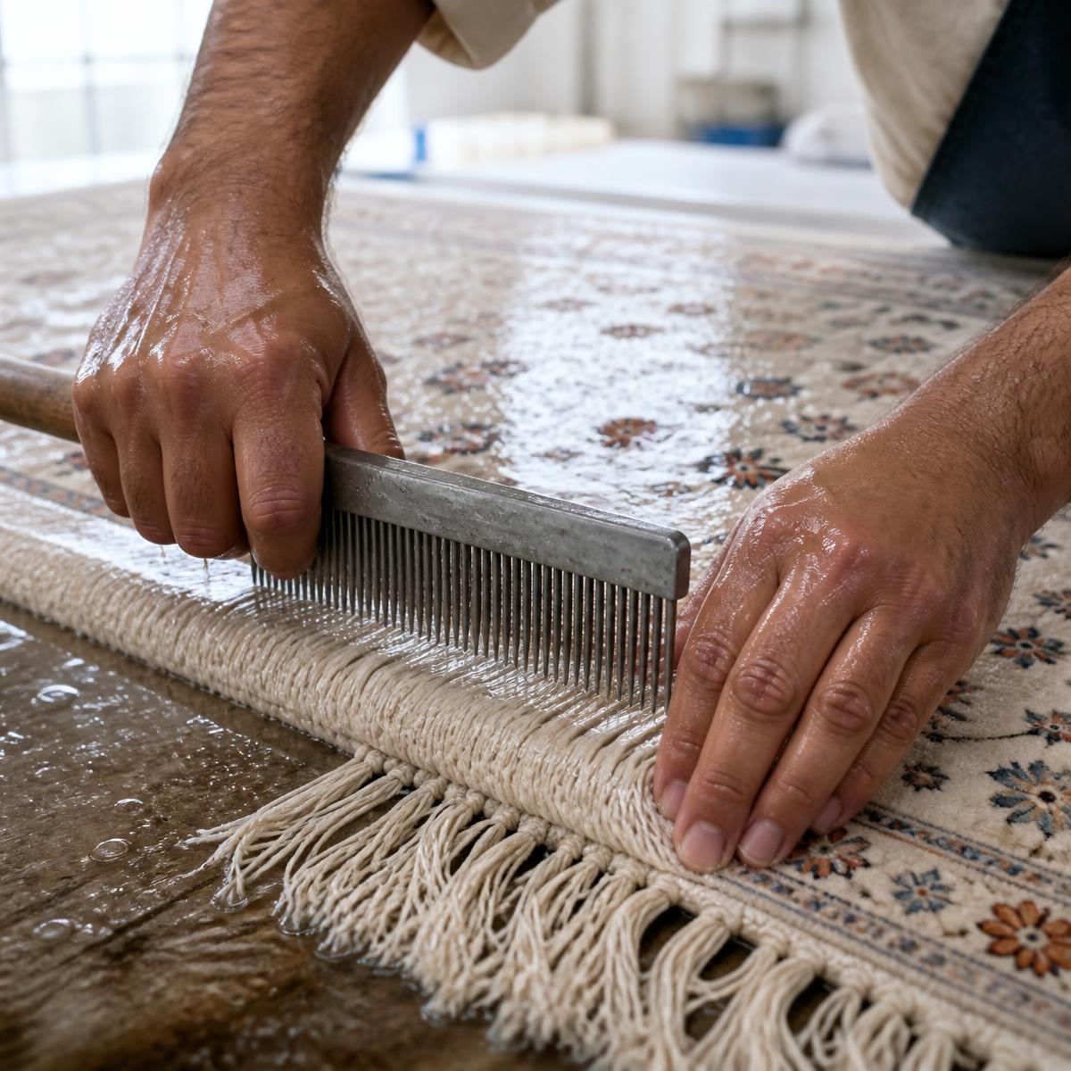 Hands combing the fringe of a hand-knotted wool rug straight after a cold-water wash